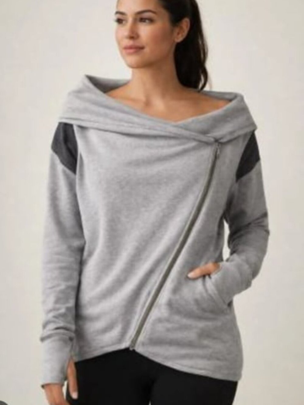 Lululemon Sway Jacket in Light Grey with Asymmetrical Zip and Cowl Neck